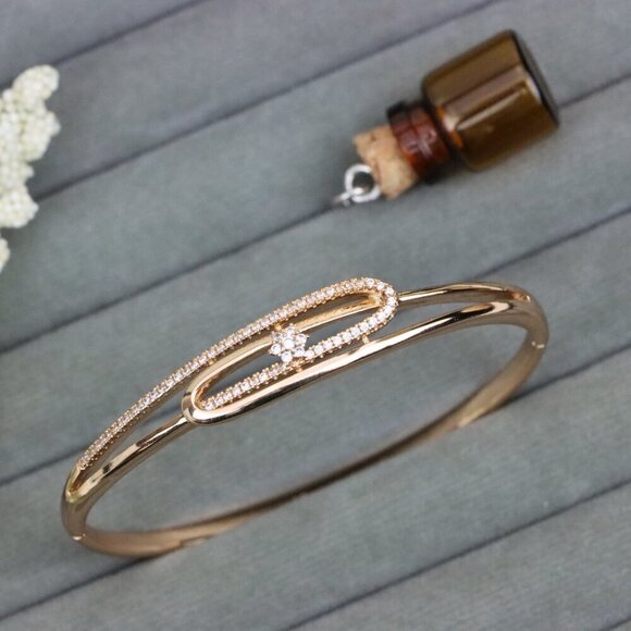 Rose Gold Bangle with Oval Loop and Center Flower Stone Accent, XPBL0546 - Picture 2 of 12